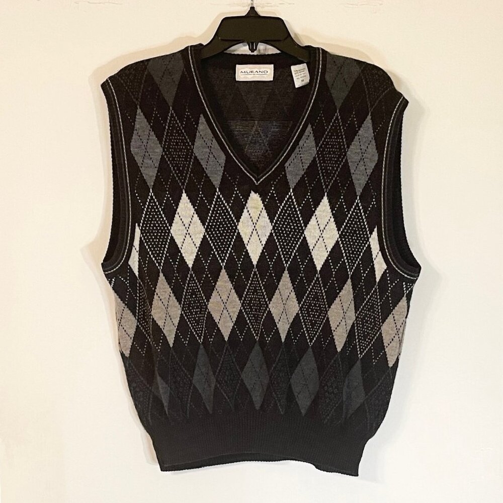 Murano Argyle Black White Gray V-Neck Sweater Vest Size Medium